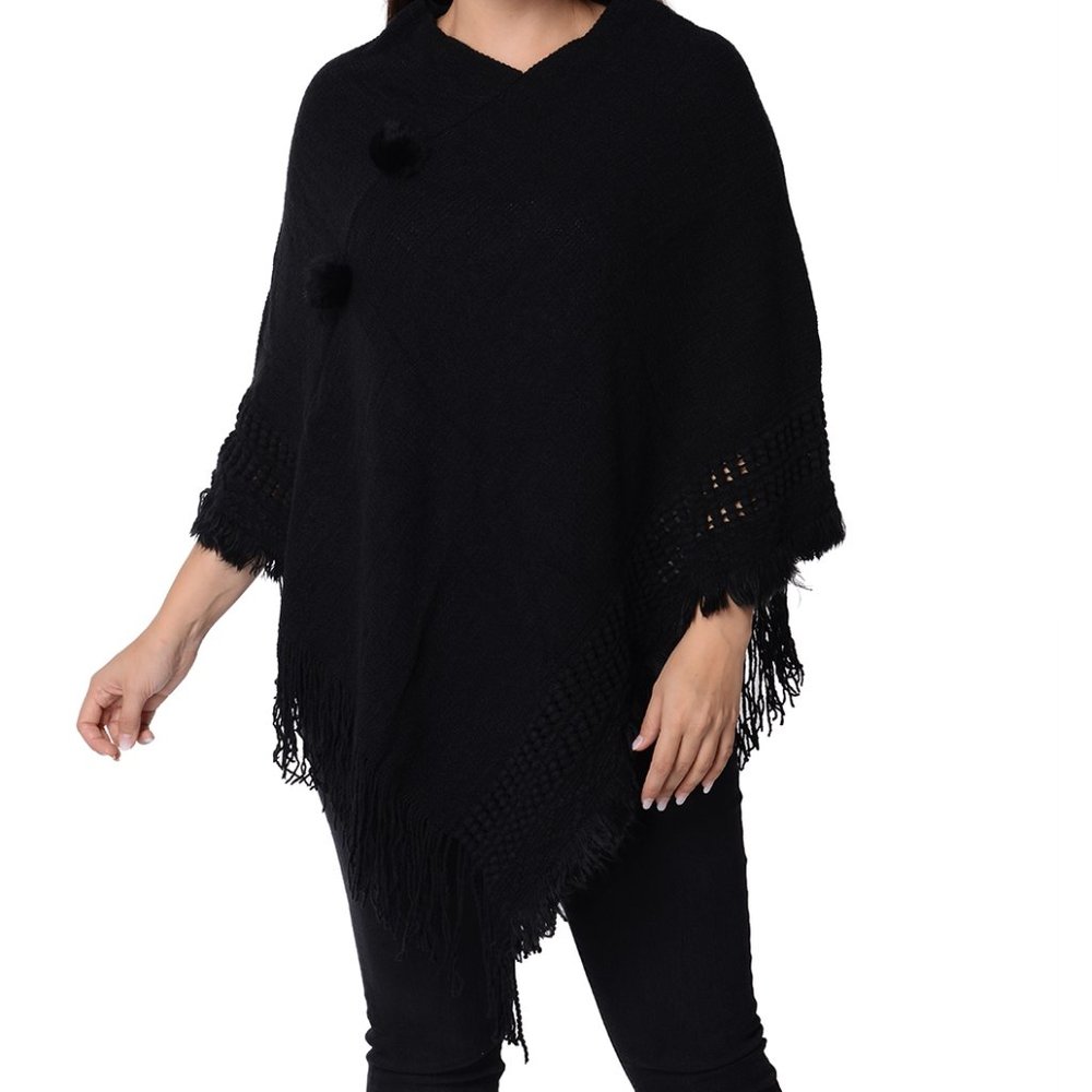 Black V Shape Fringe Poncho szOS